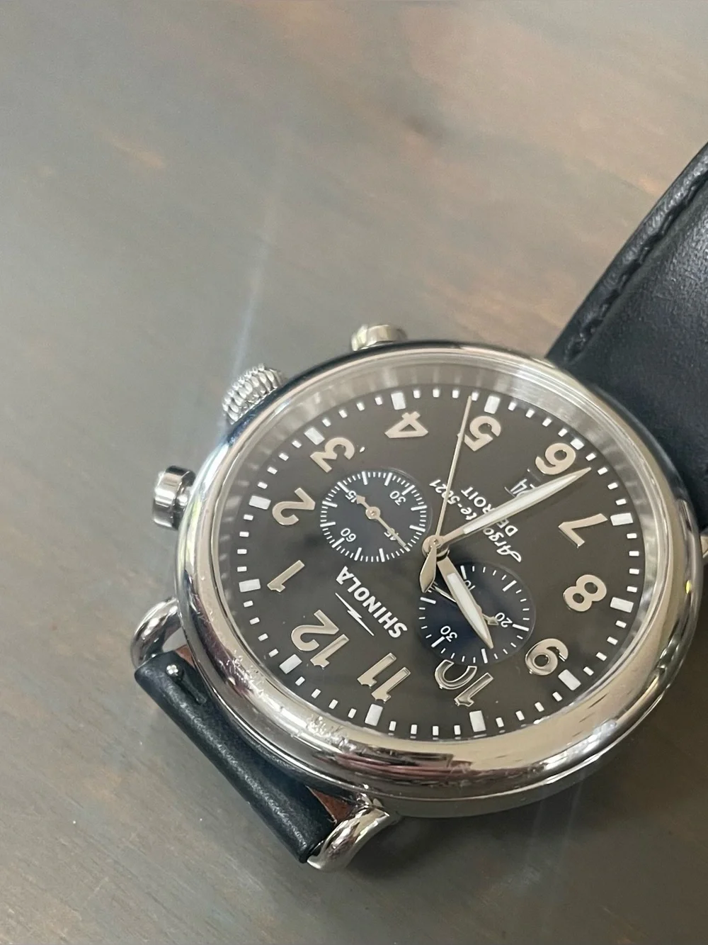 Shinola Runwell Men’s 47mm Black Dial Chronograph Watch with Blue Subdials